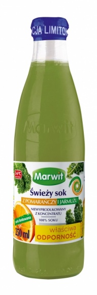 Świeży sok Marwit z pomarańczy i jarmużu idealny na wzmocnienie odporności
