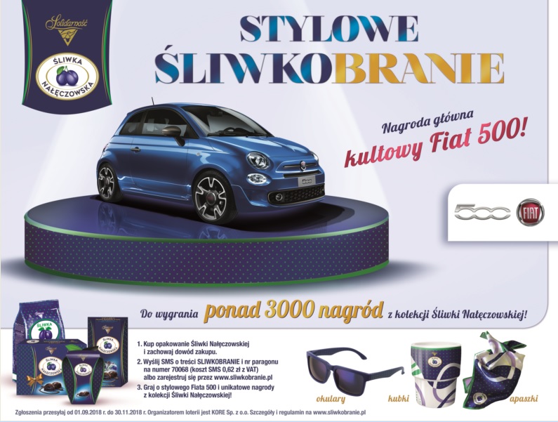 Designerska kolekcja gadżetów i stylowy Fiat 500 do wygrania w loterii Śliwki Nałęczowskiej